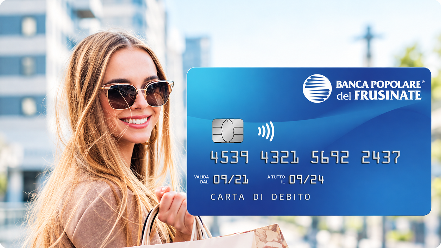 Donna sorridente con carta bancaria blu BPF